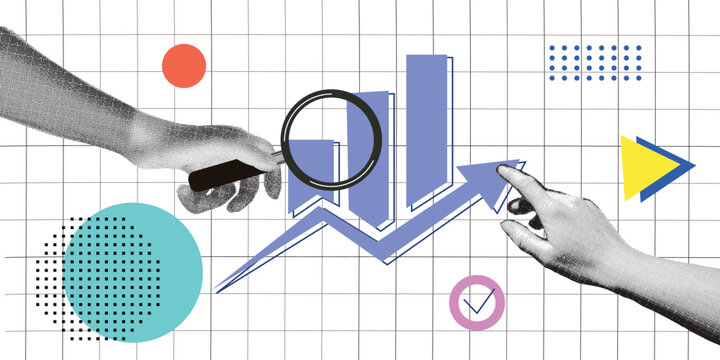 Halftone collage. Hand with glass and up arrows. Market chart, finance graph. Business data, trend. Trending upwards. Modern stock design. Vector art.