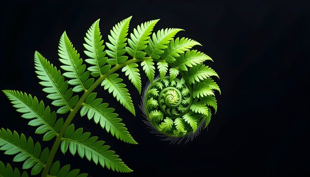 Vibrant green fern frond spiraling in a golden ratio, lush tropical leaf macro on black background, organic botanical spiral with intricate textures
