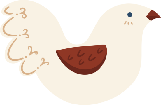 Flat design stylized cream bird is being shown with brown wing, swirl tail, transparent background