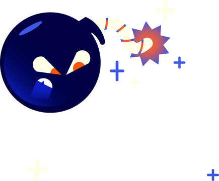 Angry cartoon bomb is burning fuse with glowing starburst in flat design, transparent background - Powered by Adobe
