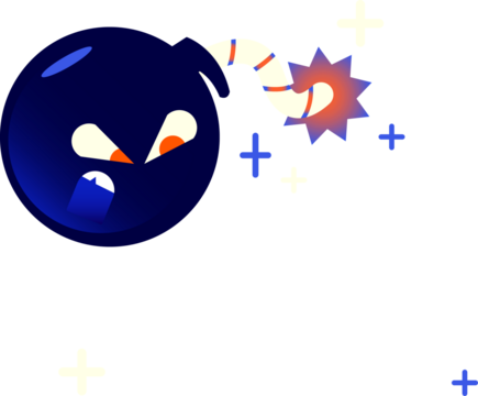 Angry cartoon bomb is burning fuse with glowing starburst in flat design, transparent background - Powered by Adobe