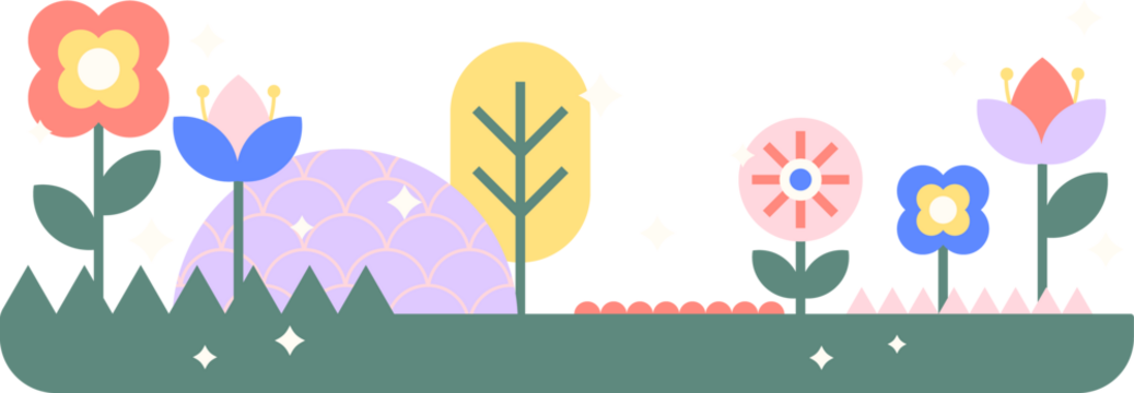 Flat vector illustration is showing flowers, tree and geometric shapes on transparent background