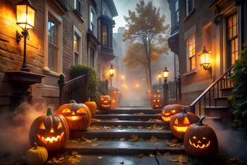 Obraz premium Creepy Foggy Street with Carved Pumpkins Glowing at Night