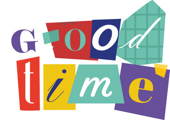 Good time collage is showing in flat design on transparent background, with shapes, tape accents