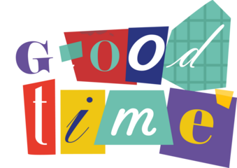 Good time collage is showing in flat design on transparent background, with shapes, tape accents