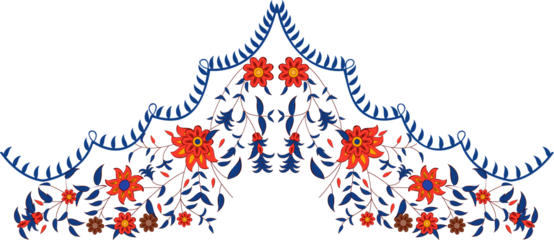 Ornate floral motif is rising in flat vector art, with red orange blooms on transparent background