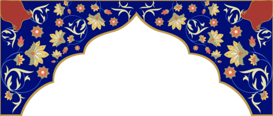 Showing arched frame in flat design with blue field, curling floral vines on transparent background