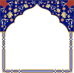 Showing flat horseshoe arch, blue panels, gold lined floral vines, border on transparent backdrop