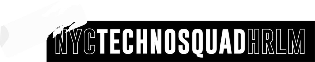 Displaying vector bold white NYC TECHNOSQUAD HRLM on black bar with brush-stroke and transparent bg