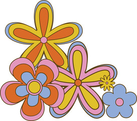 Five overlapping retro flowers are appearing on transparent background, featuring colorful petals