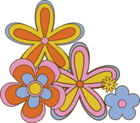 Five overlapping retro flowers are appearing on transparent background, featuring colorful petals