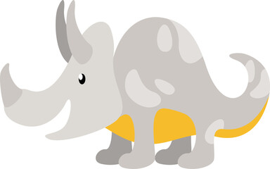 Cartoon rhinoceros is showing two horns and yellow belly with transparent background in flat design