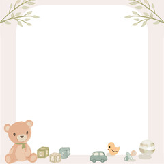 Flat design nursery baby frame is featuring pastel toys, vine on transparent background, copy space