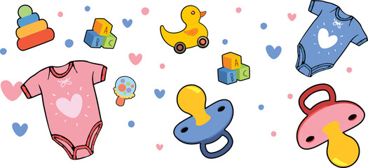 Transparent pattern showing baby items featuring pacifiers, onesies, rubber duck and ABC blocks