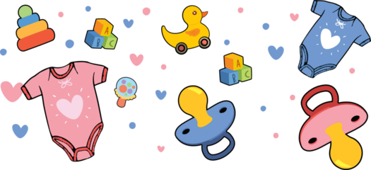Transparent pattern showing baby items featuring pacifiers, onesies, rubber duck and ABC blocks