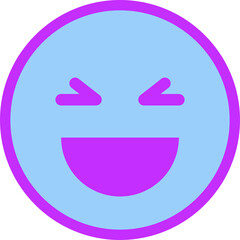 Showing flat emoticon with blue fill, triangle eyes, smiling mouth on transparent background
