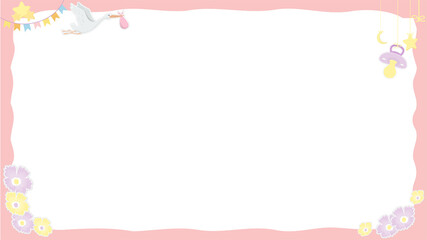 Fototapeta premium Baby-themed flat design frame is floating on transparent backdrop, showing stork bundle, copy space