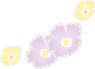 Cluster of four scalloped lilac and yellow flowers is floating on transparent canvas in flat style