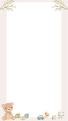 Flat baby-themed frame is showing toy motifs and leaf sprigs on transparent background, copy space