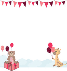 Flat design is showing teddy, giraffe with bunting, gift box and baby bottle, balloons, transparent