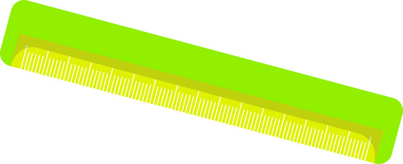 Flat design ruler is tilting on transparent backdrop, showing neon green with white metric scale