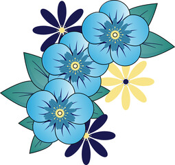 Flat design corner is showing blue-yellow daisy blooms with teal leaves on transparent background