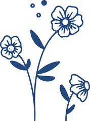 Stylized flower cluster is floating in dark blue line art on transparent background with small dots