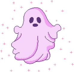 Pink pixel art ghost is floating in transparent digital space, with magenta plus sparkles