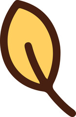 Stylized yellow leaf is floating in flat design with brown border, vein and transparent background