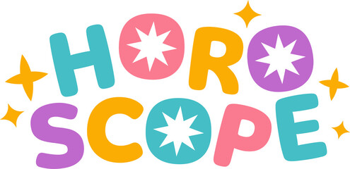 Stylized horoscope title is showing pastel letters with starburst icons on transparent background