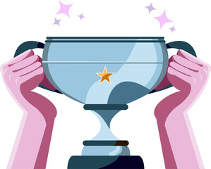 Flat design is showing pink hands holding silver trophy cup with sparkles, transparent background