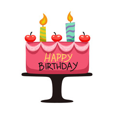 Flat design pink birthday cake is being shown on transparent bg with stand, lit candles, cherries