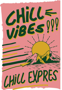 Naklejki Pink graphic featuring CHILL VIBES! Chill Expres, sun, mountains, water  and  stripes on transparent