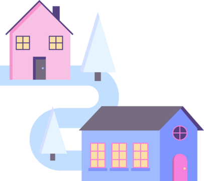 Flat vector art is showing two pastel houses linked by winding road and trees, transparent backdrop