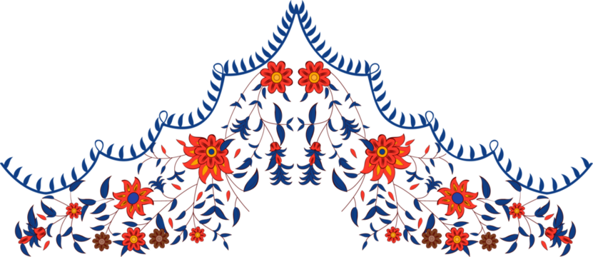Ornate floral motif is rising in flat vector art, with red orange blooms on transparent background - Powered by Adobe