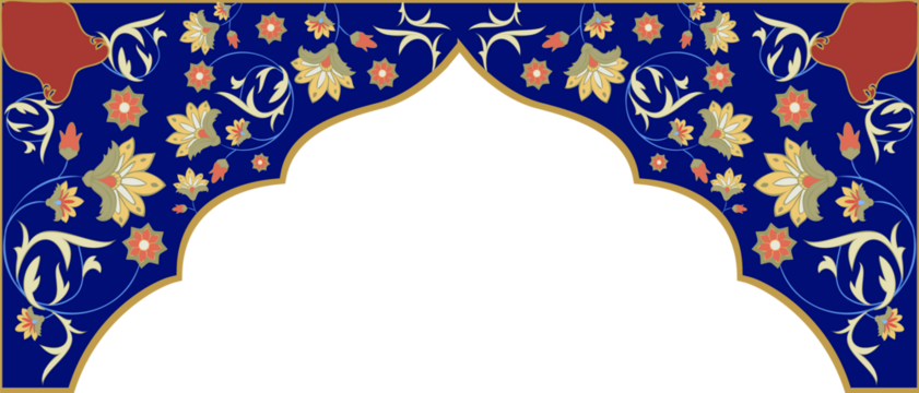 Showing arched frame in flat design with blue field, curling floral vines on transparent background