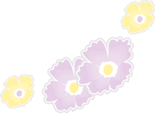 Cluster of four scalloped lilac and yellow flowers is floating on transparent canvas in flat style