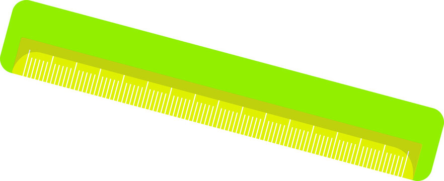 Flat design ruler is tilting on transparent backdrop, showing neon green with white metric scale
