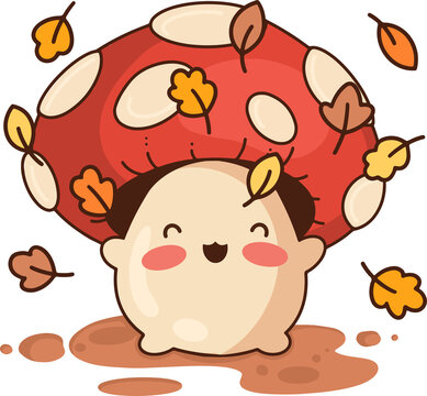 Fototapeta Mushroom is standing in flat design with red spotted cap, leaves, puddle, transparent background