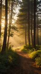 Obraz premium Birds Flying Over Sunlit Forest Path