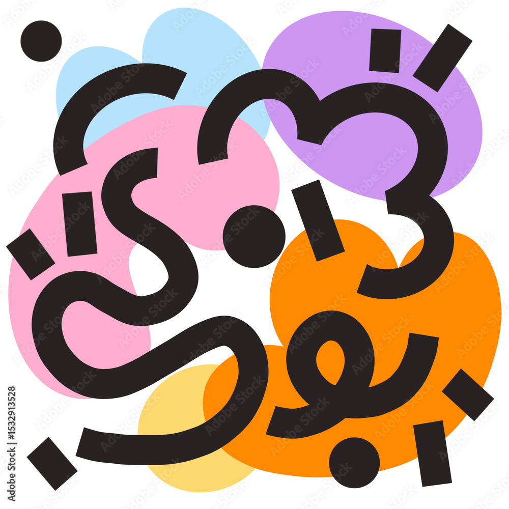Poster vector design is showing pastel blobs with black curving lines and shapes, transparent background