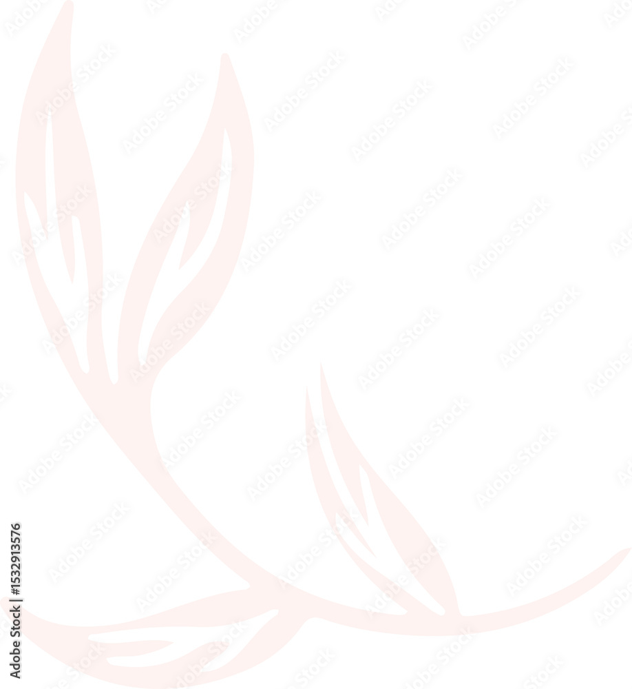 Poster minimalist flat design showing curved branch with pointed leaves in soft pink on transparent canvas