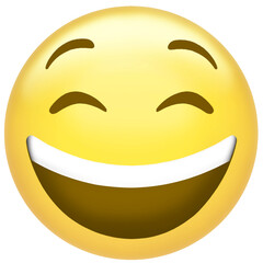 Yellow smiling face emoji in flat design is showing closed eyes and grin, transparent background