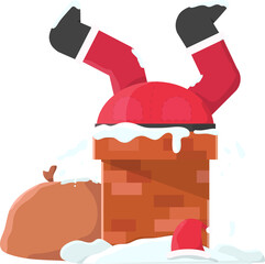 Santa legs are sticking out of flat design chimney with red hat, gift sack, transparent background