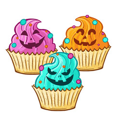 Three cupcakes showing pumpkin face speckled frosting swirls in flat design, transparent background