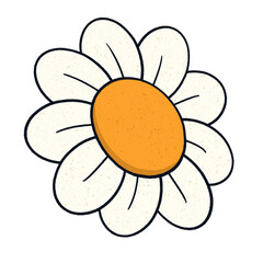 Flat stylized daisy is floating on transparent background, showing white petals and orange center