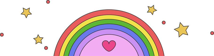 Fototapeta premium Flat design rainbow arch is glowing on transparent background with heart center, stars and circles