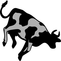 Cattle shape is jumping in flat style with thick outline and grey patches, transparent backdrop
