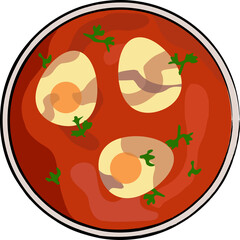 Eggs are cooking in tomato sauce on plate in flat design with herb sprigs, transparent background