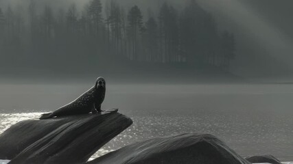 Solitary seal rests on a rock, gazing at a misty forest across a calm sea
